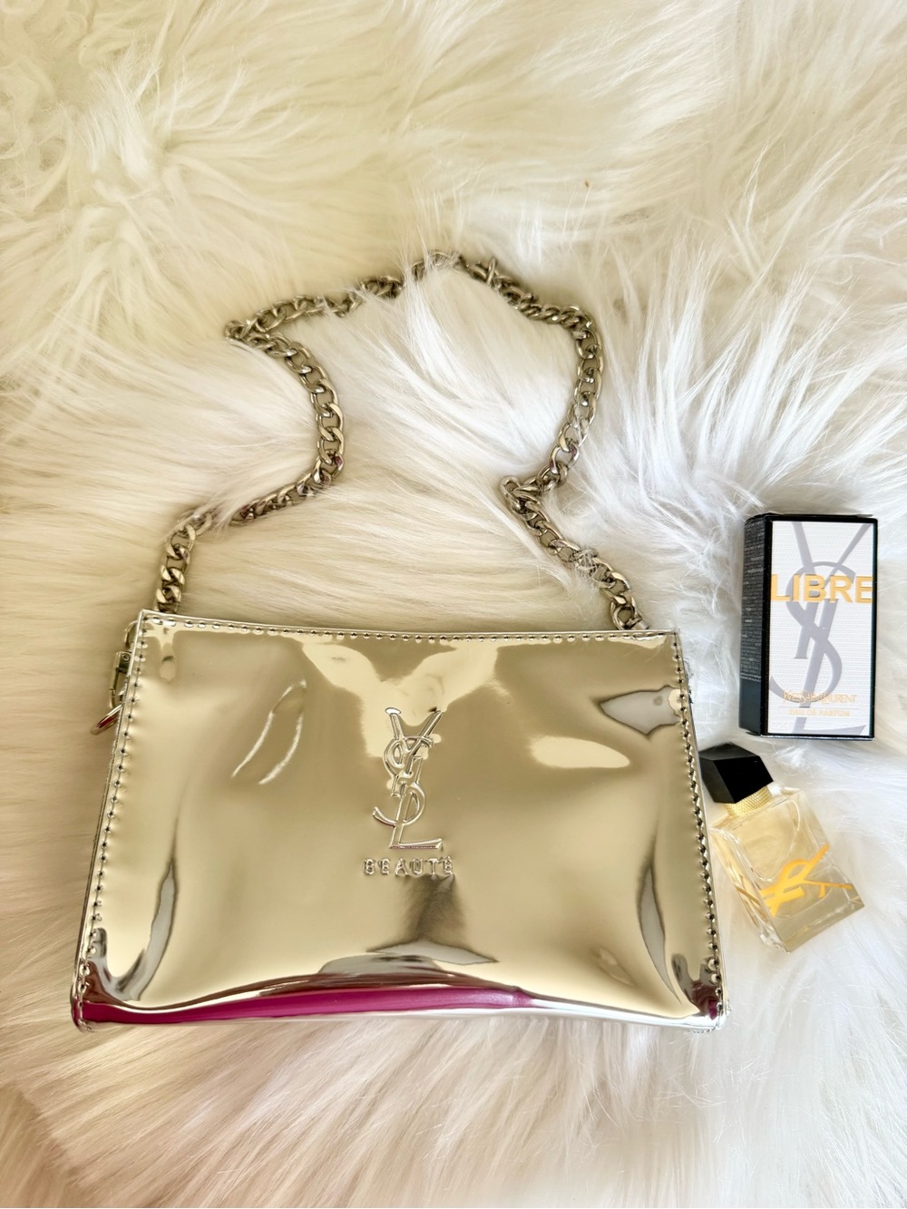 Yves Saint Laurent Silver Metallic Patent Shoulder Bag with Pink Accent